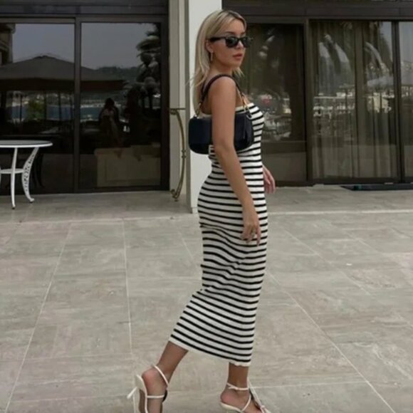 Zara Black and Cream Striped Strapless Rib Stretch Knit Bodycon Maxi Dress L NWT - Picture 4 of 8